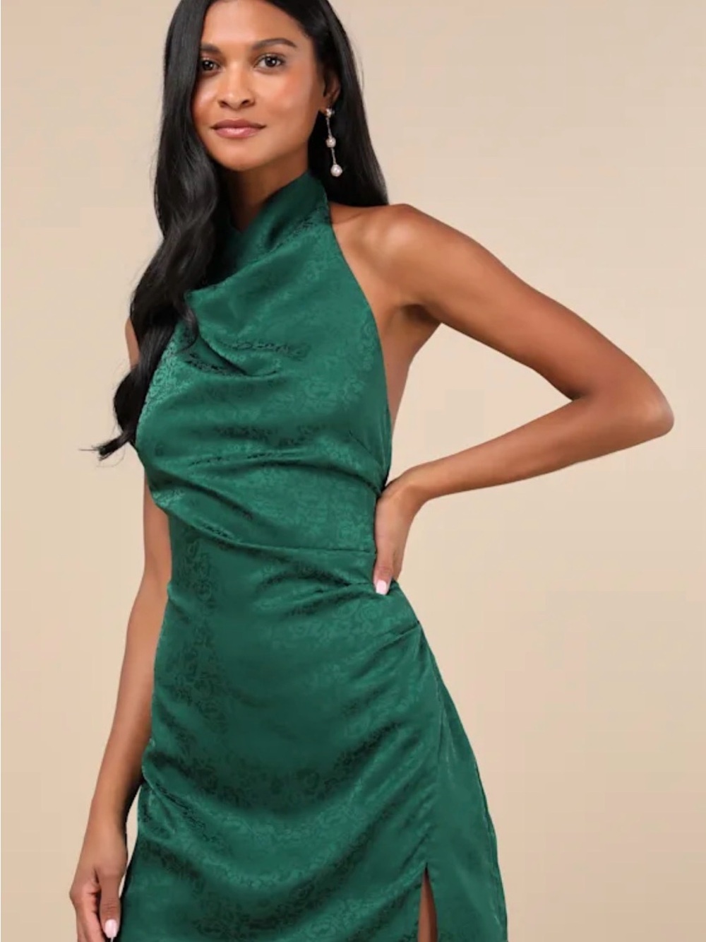 Lulu's Emerald Green Backless Halter Satin Dress